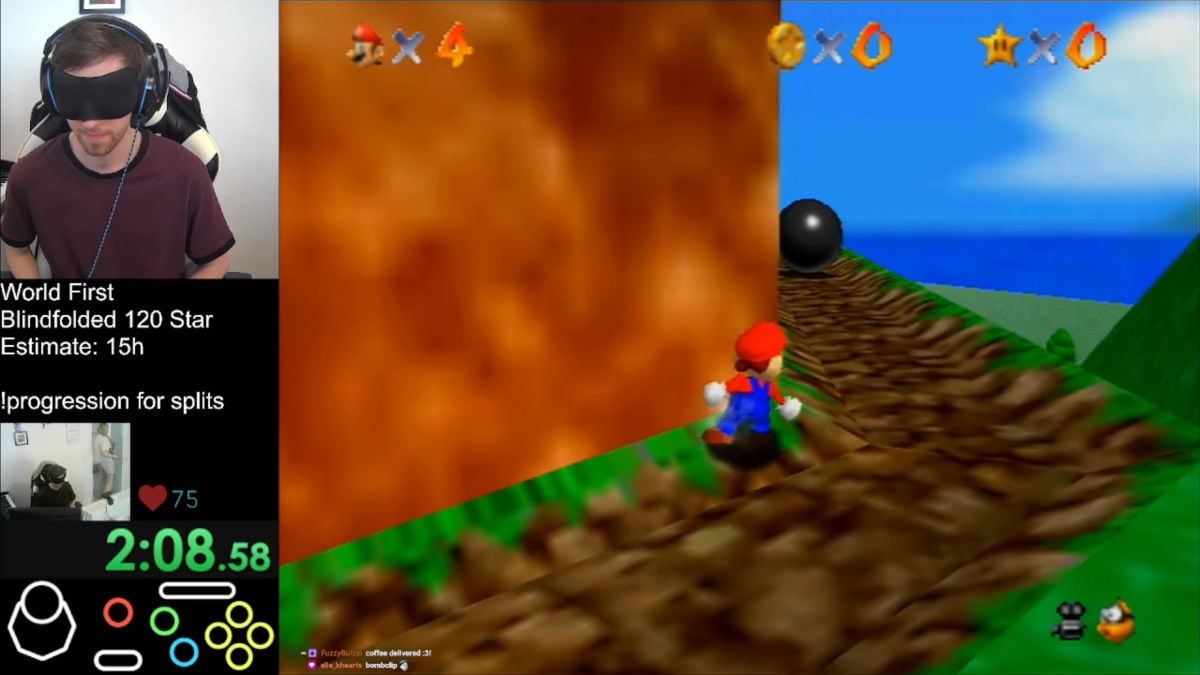 r joga 'Mario 64' de olhos vendados no modo speedrun