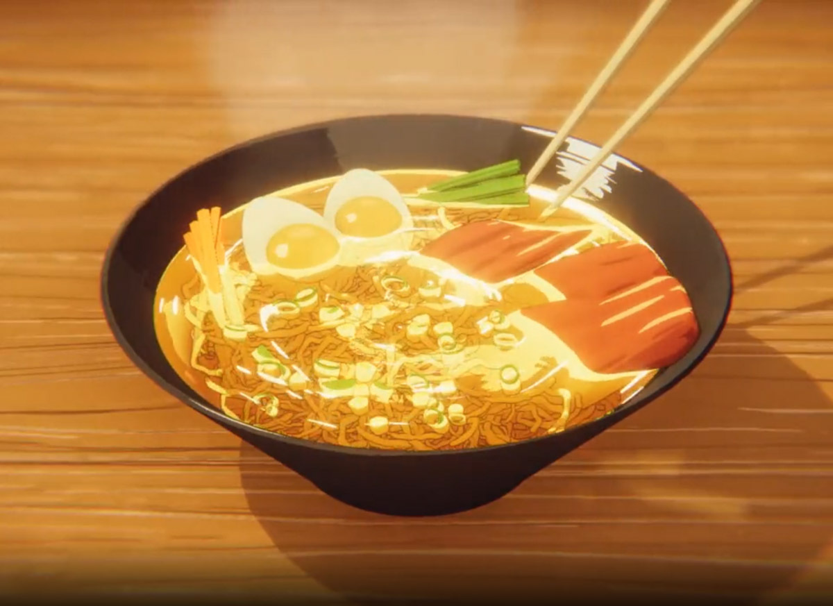 A game developer creates delicious looking anime ramen with custom made “soup shader”