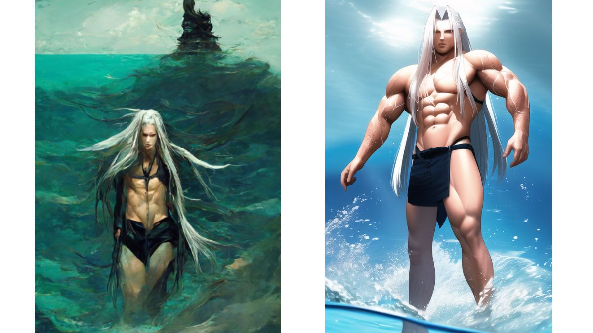 Sephiroth can’t be made to swim by AI art generators as he menacingly stands on the water instead