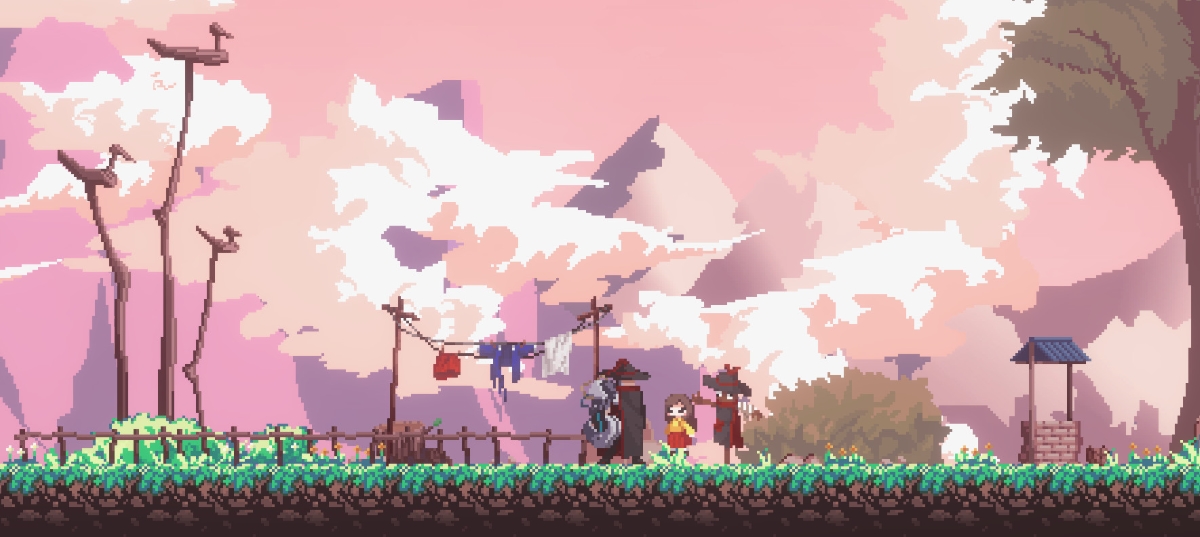 SANABI gameplay screenshot showing the detailed 2D environment. The veteran and his daughter stand in the foreground next to a laundry line. In the background is a pink sky and mountains covered by white fluffy clouds