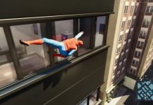 Spiderman crawling across building windows in Marvel's Spider-Man 2.