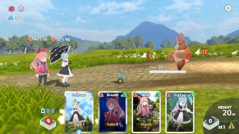 Yamafuda! Summit gameplay: Koharu and Hiyori going up against a rabbit-like enemy