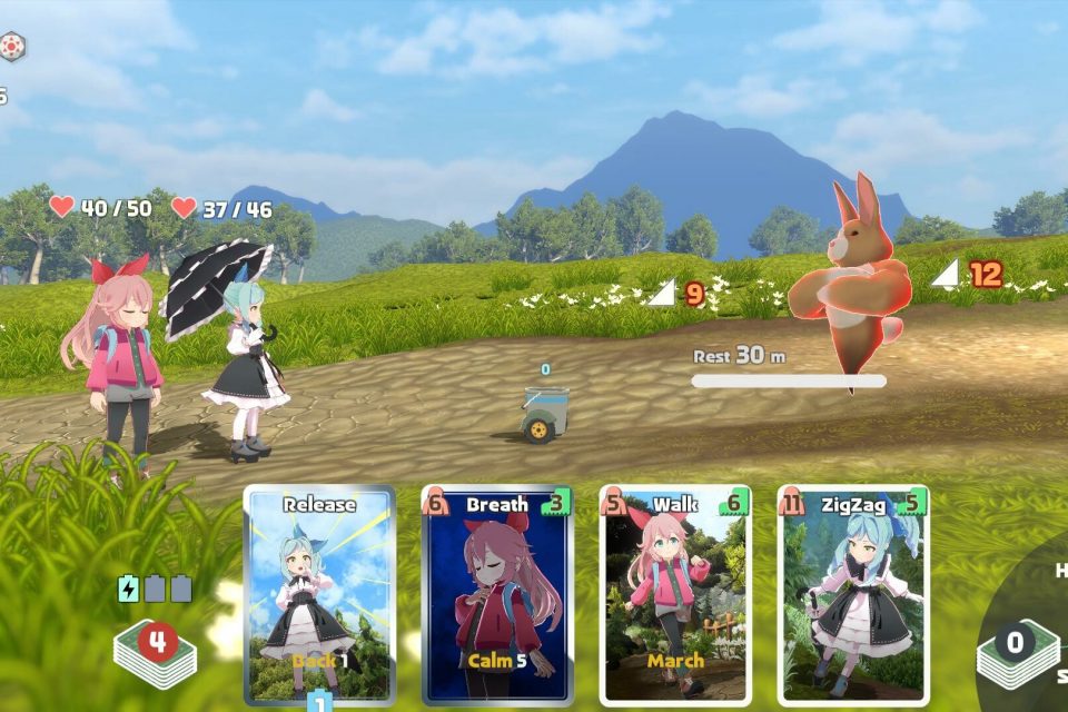 Yamafuda! Summit gameplay: Koharu and Hiyori going up against a rabbit-like enemy