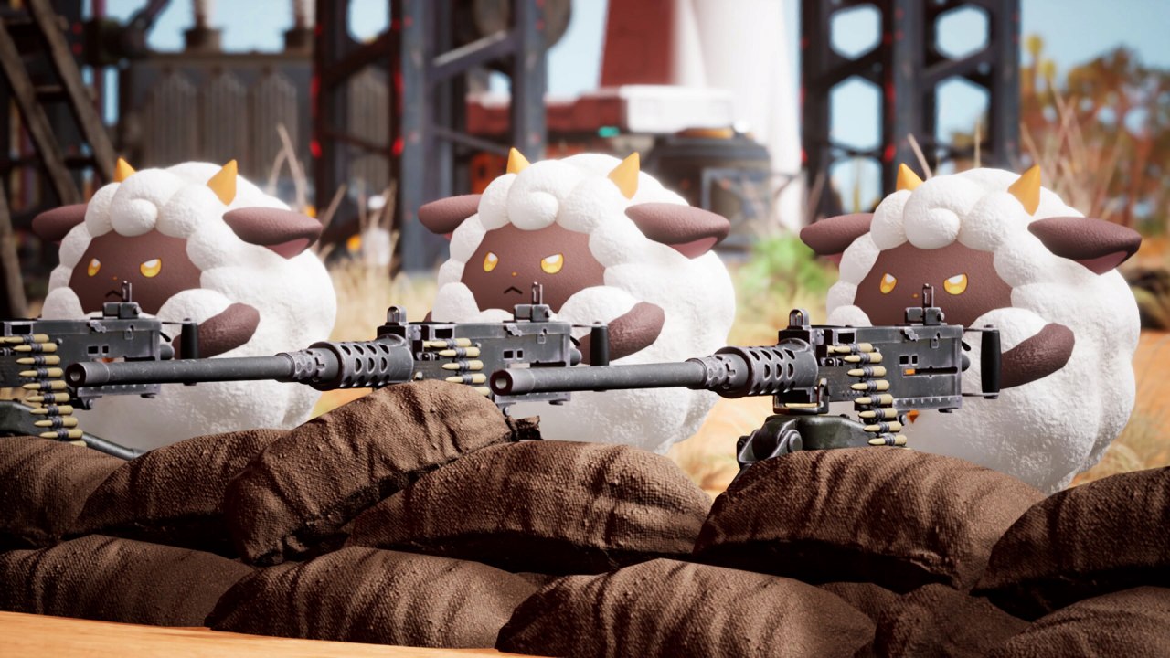 Sheep-like Palworld Pals firing machine guns