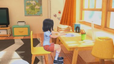 Pokémon Scarlet and Violet, character sitting at a desk in their room