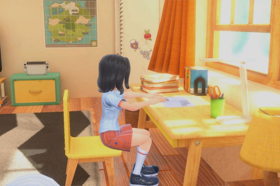 Pokémon Scarlet and Violet, character sitting at a desk in their room