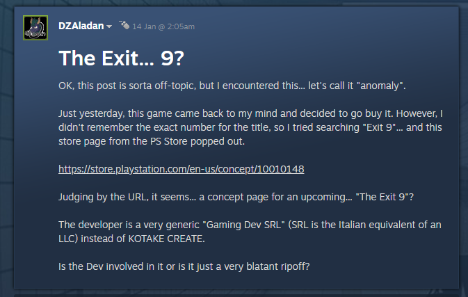 Steam post about The Exit 9