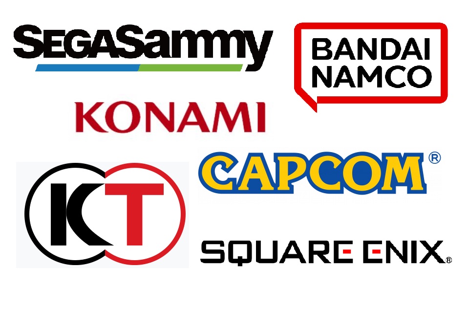 Company logos of Sega Sammy, Bandai Namco, Konami, Capcom, Koei Tecmo and Square Enix