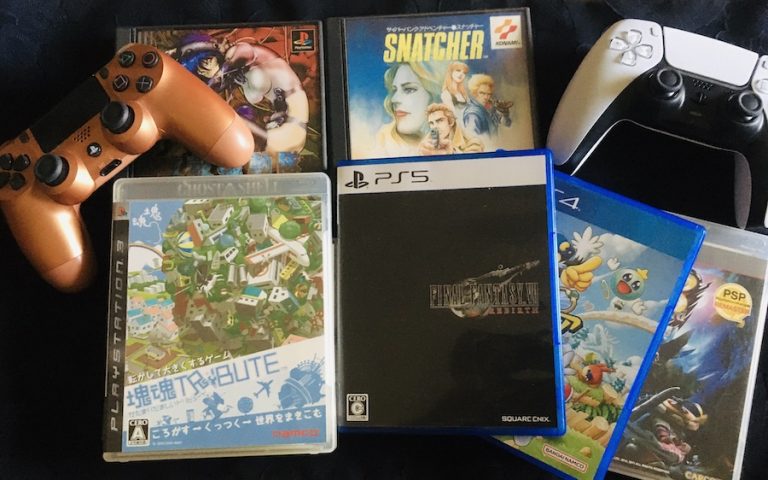 Japanese PlayStation games and controllers, Katamari, FF7 Rebirth, Klonoa, Snatcher, Ghost in the Shell, Monster Hunter