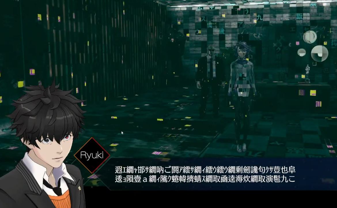 The garbled Japanese text in-game overlaps with Uchikoshi's post