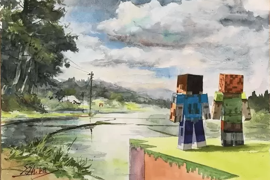 Minecraft watercolor painting by Harumichi Shibasaki
