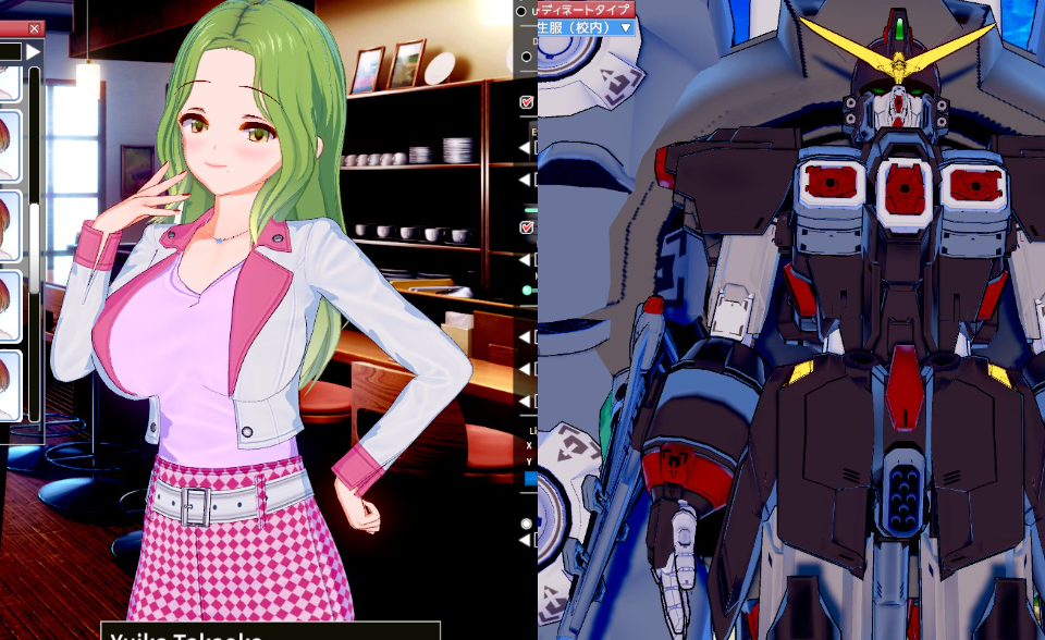 Screenshots from Koikatsu of a female character and a recreated Destroy Gundam