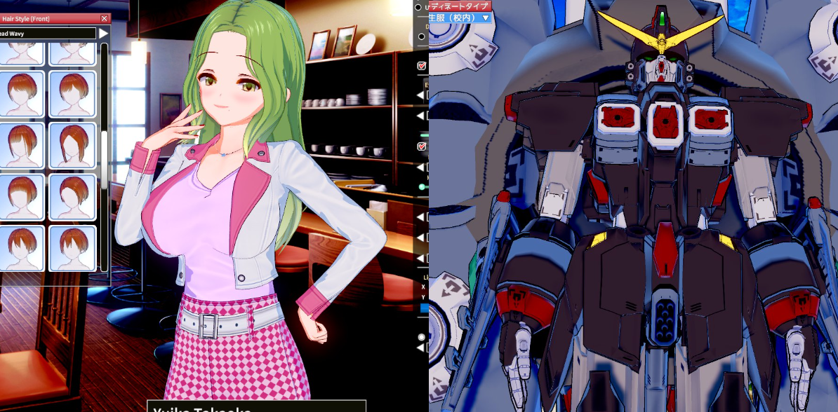 Screenshots from Koikatsu of a female character and a recreated Destroy Gundam