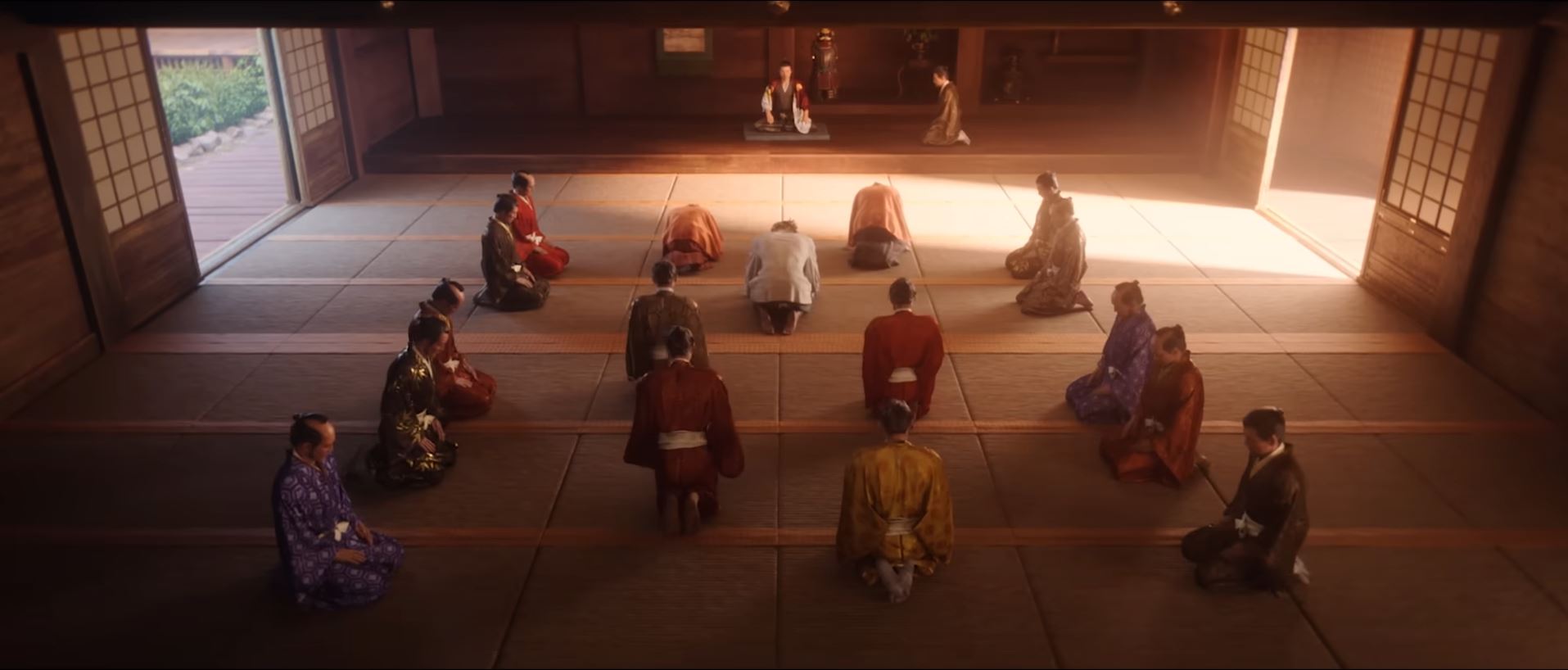 Oda Nobunaga seated in a room with his generals in Assassin’s Creed Shadows