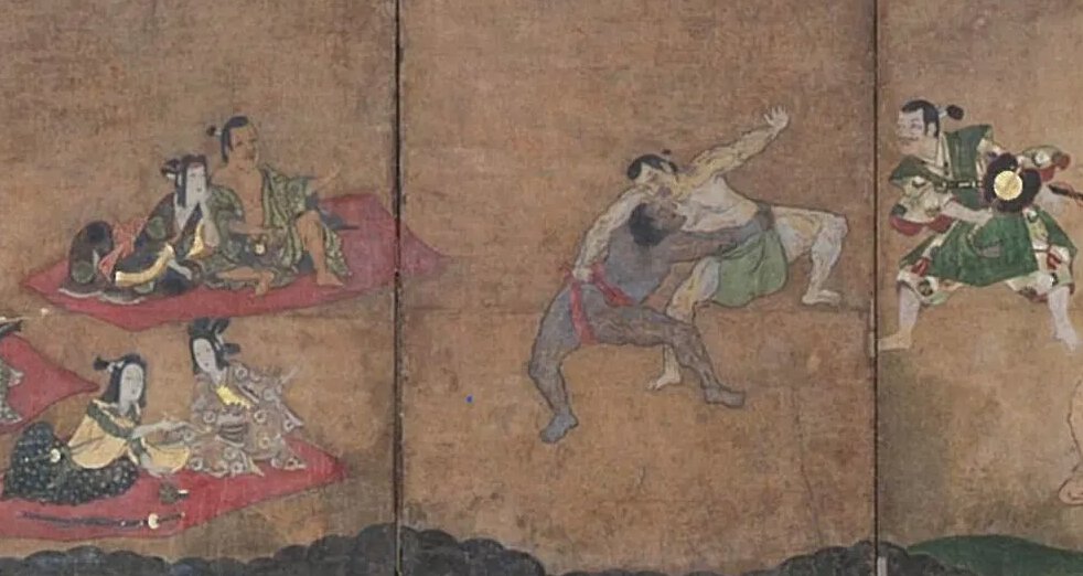 Japanese screen painting Oda Nobunaga watching sumo 