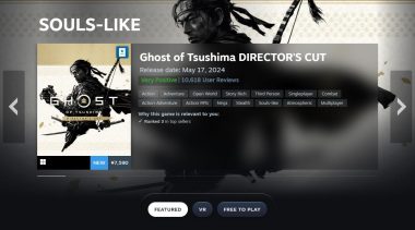 Ghost of Tsushima categorized under the Souls-like tag on Steam