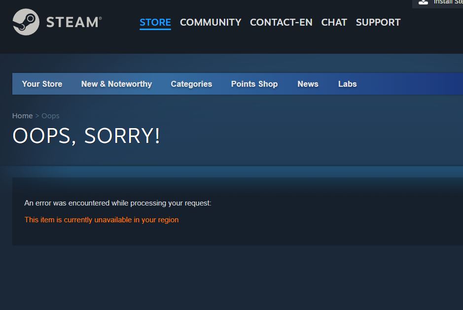 Steam displaying an error that says "This item is currently not available in your region"