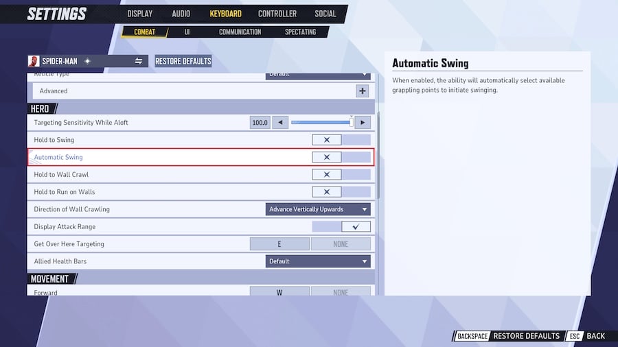 Marvel Rivals Spider-Man how to turn off Automatic Swing setting