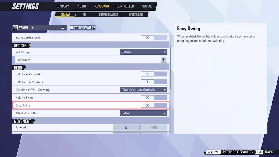 Marvel Rivals Venom how to turn of Easy Swing