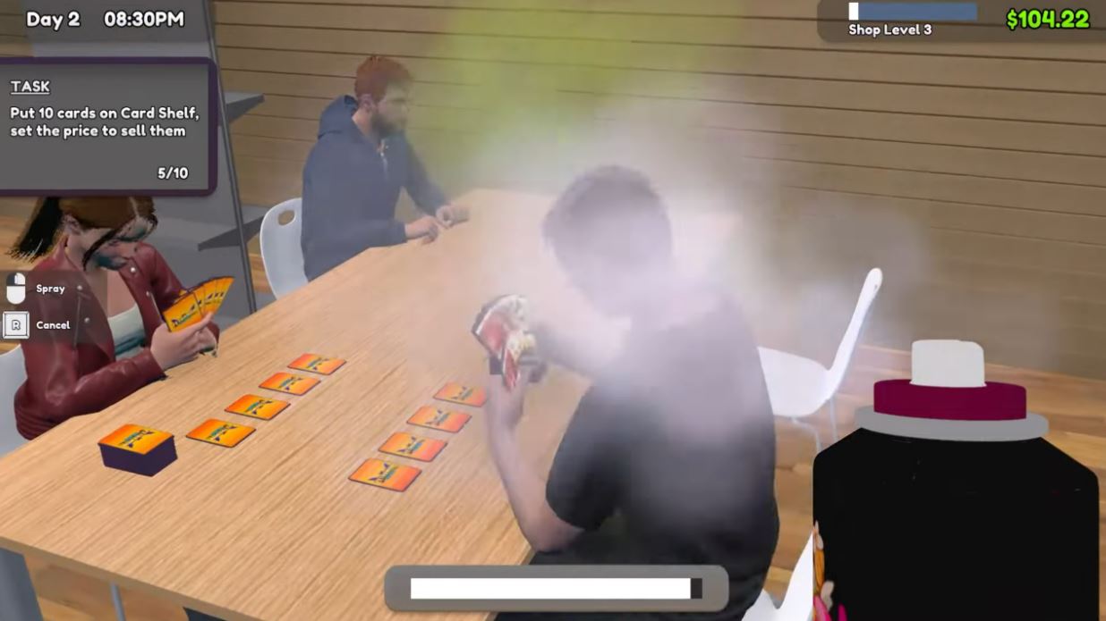 Stinky customer in TCG Card Shop Simulator being sprayed