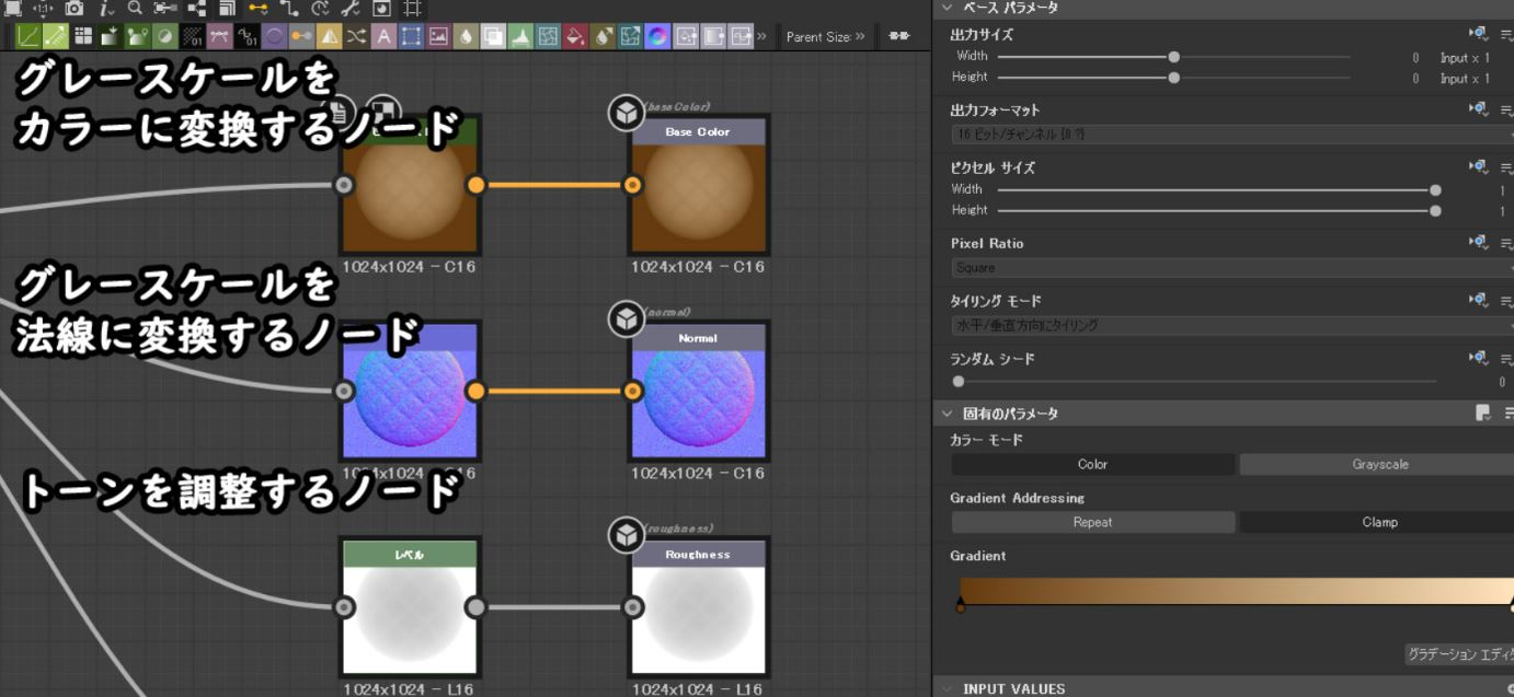 Screenshot from 3D Substance Designer explaining nodes