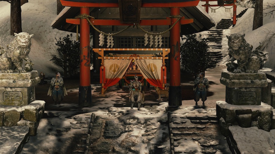 Kunitsu-Gami in-game scenery snow and shrine