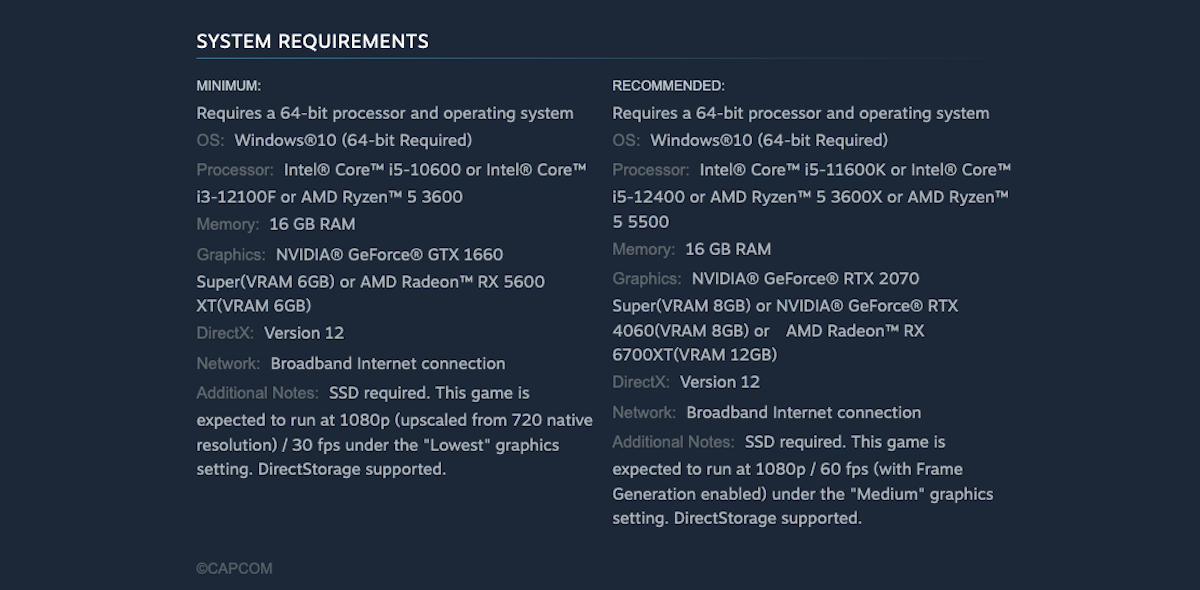 Monster hunter Wilds PC specs on Steam