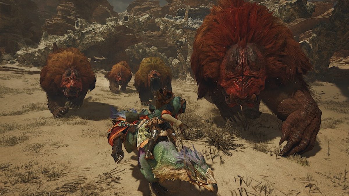 Monster Hunter Wilds escaping a pack of Doshaguma monsters