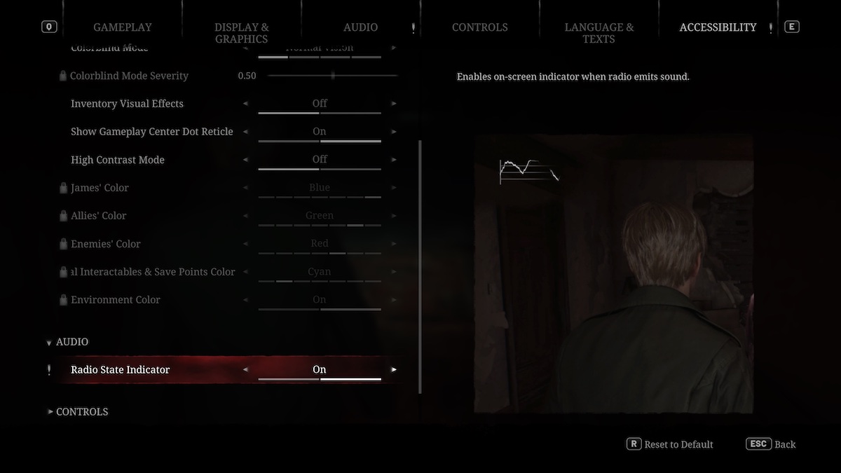 Silent Hill 2 remake options menu showing the radio accessibility feature for the hearing impaired