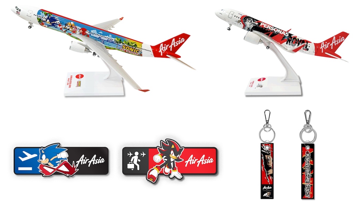 AirAsia limited edition Sonic and Persona 5 merchandise including aircraft models and keychains