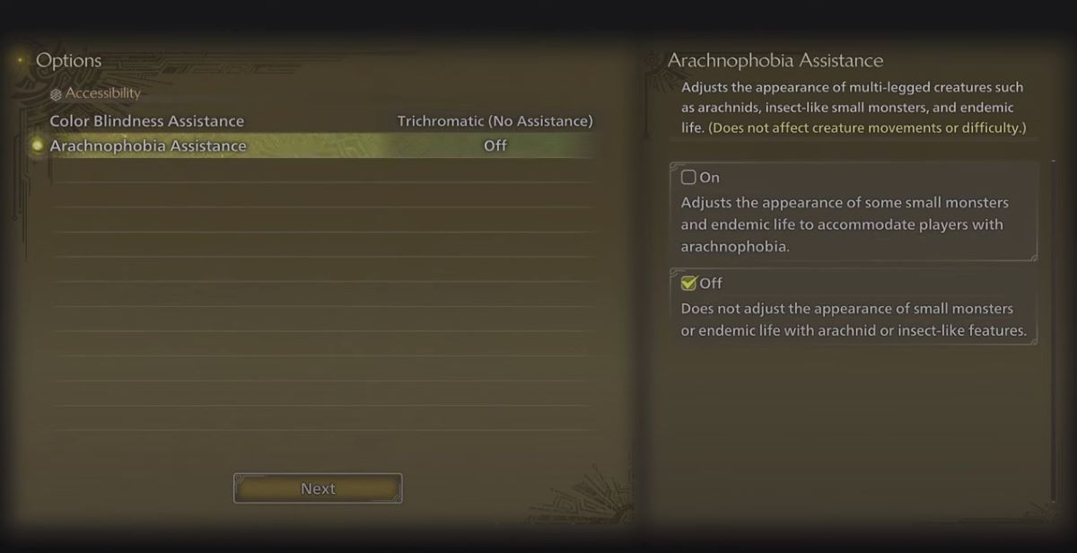 Monster Hunter Wilds option menu Arachnophobia Assistance mode