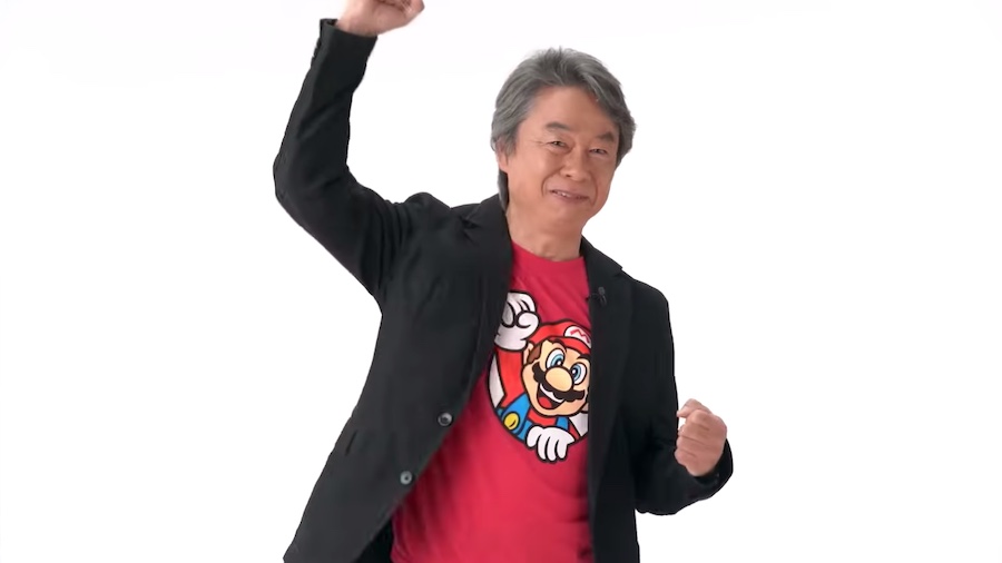 Shigeru Miyamoto in the Super Nintendo World 1st anniversary video