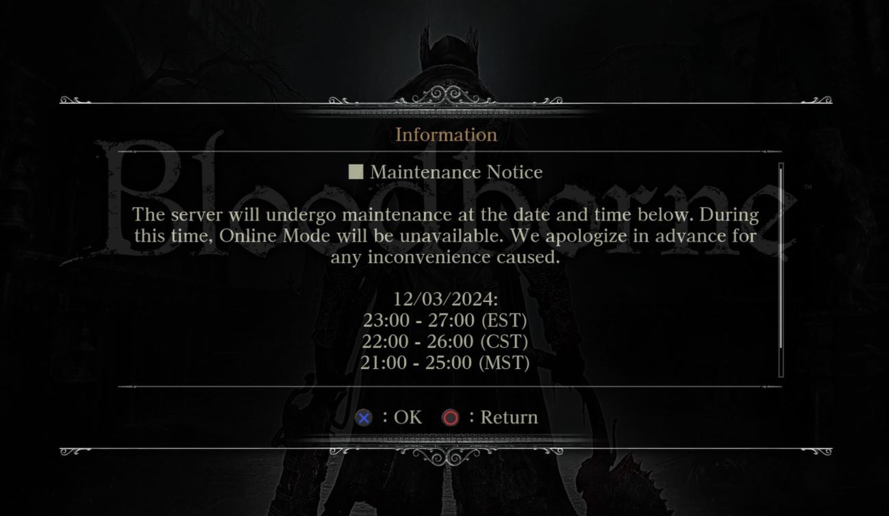 Bloodborne maintenance notice