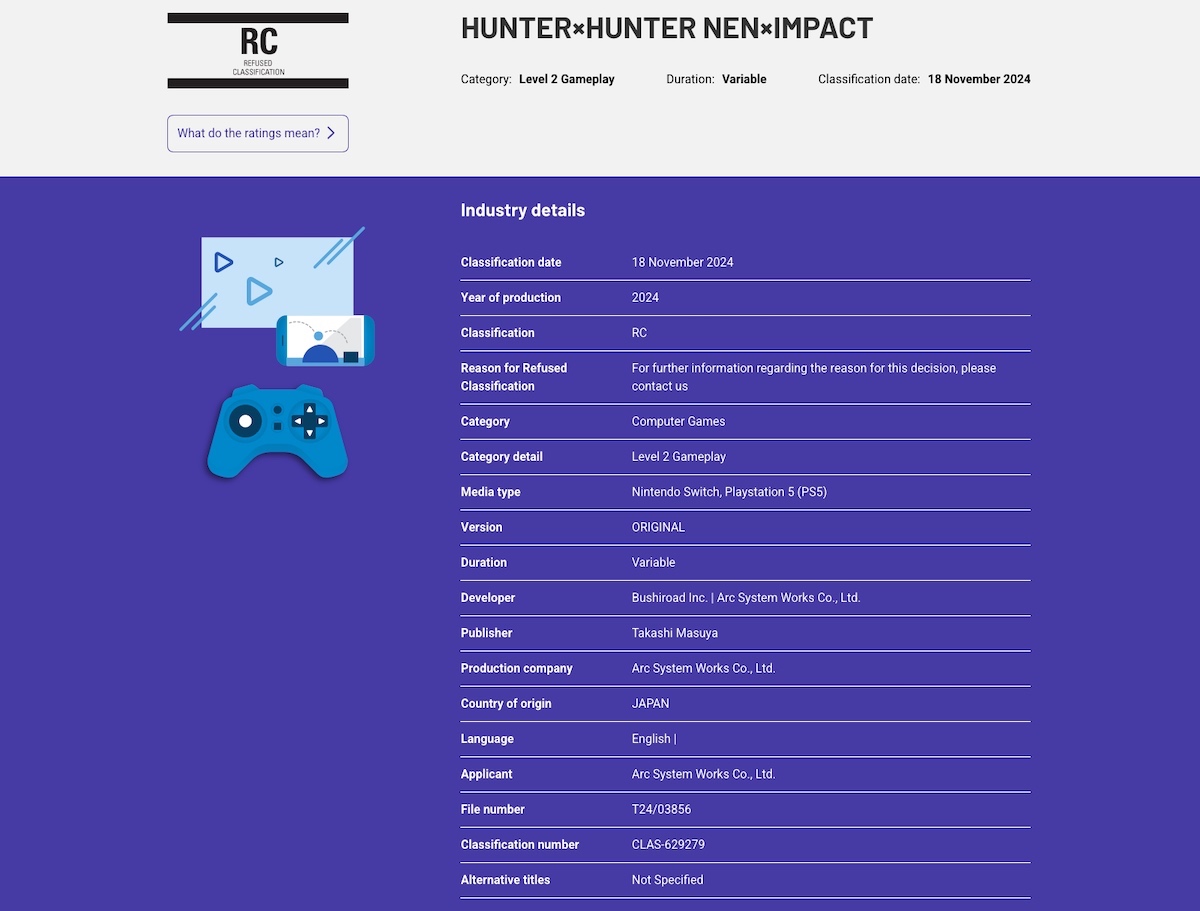 Hunter x Hunter Nen x Impact Australian Classification refusal