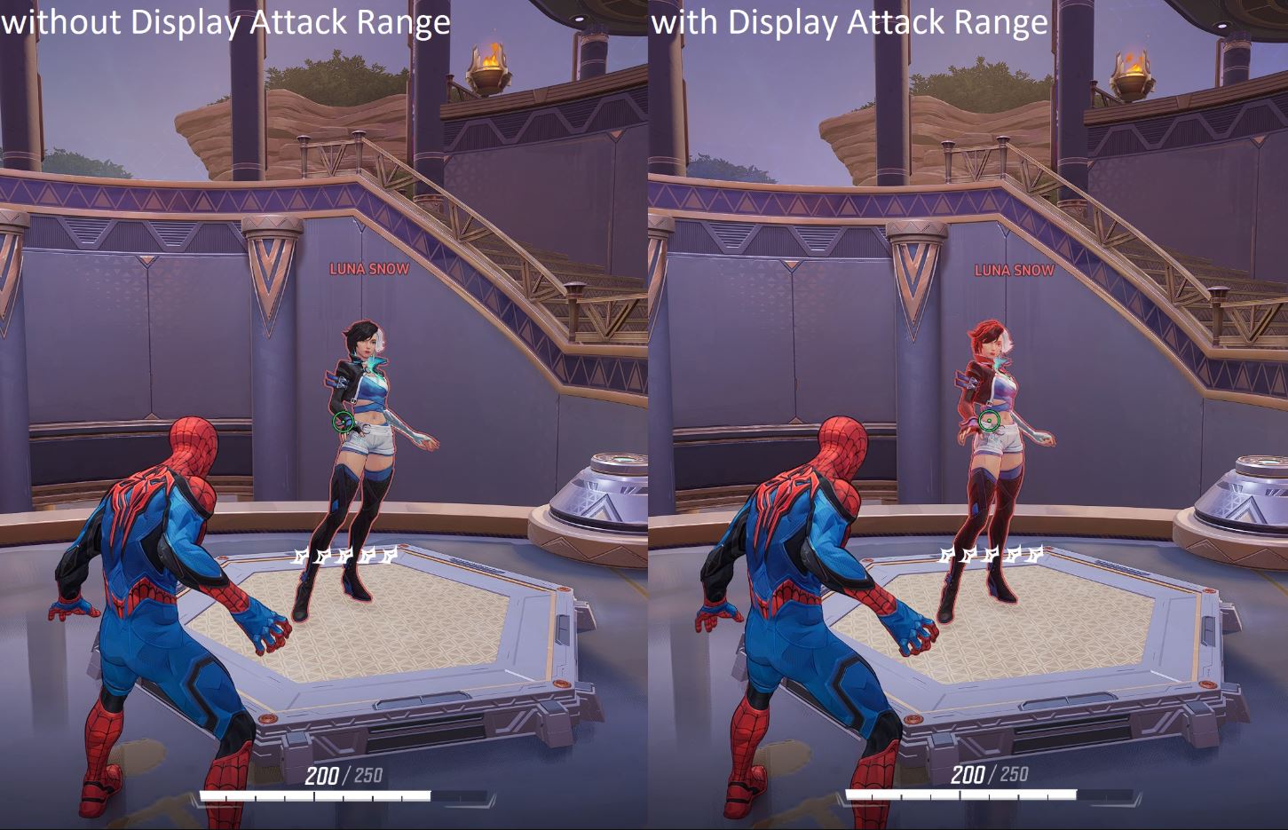 Marvel Rivals with and without attack range displayed