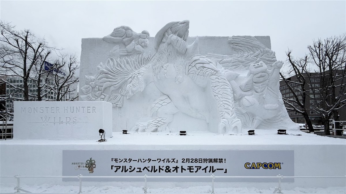 Monster Hunter Wilds snow sculpture at Sapporo Snow Festival Japan February 2024