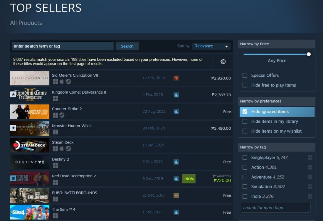 Steam Top Sellers ranking