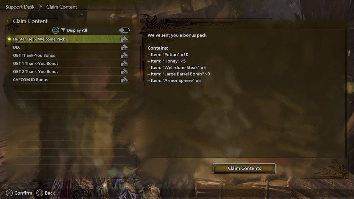 Monster hunter Wilds claim content menu