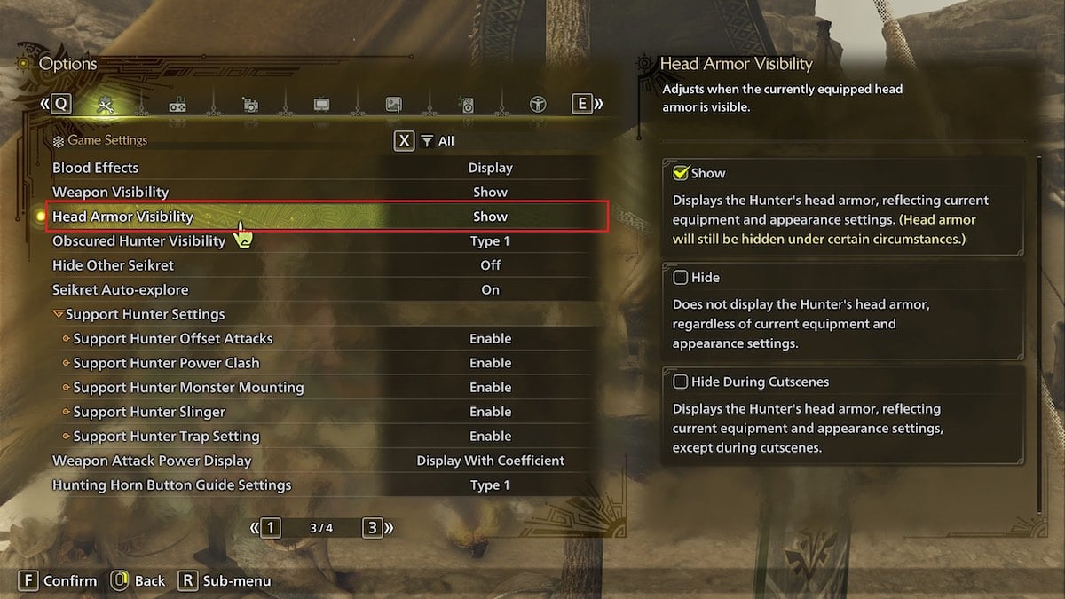 Monster hunter Wilds toggle head armor visibility