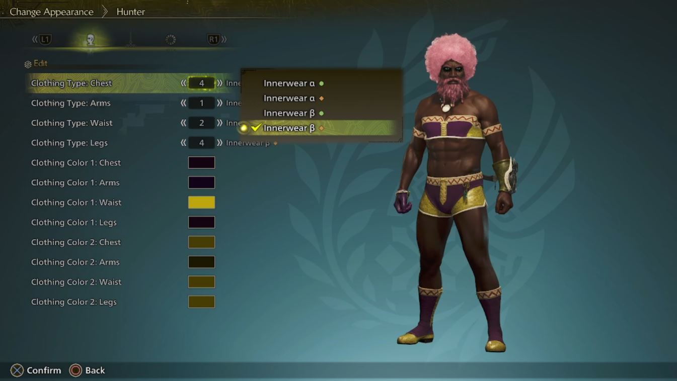 Innerwear selection in Monster Hunter Wilds character creation interface