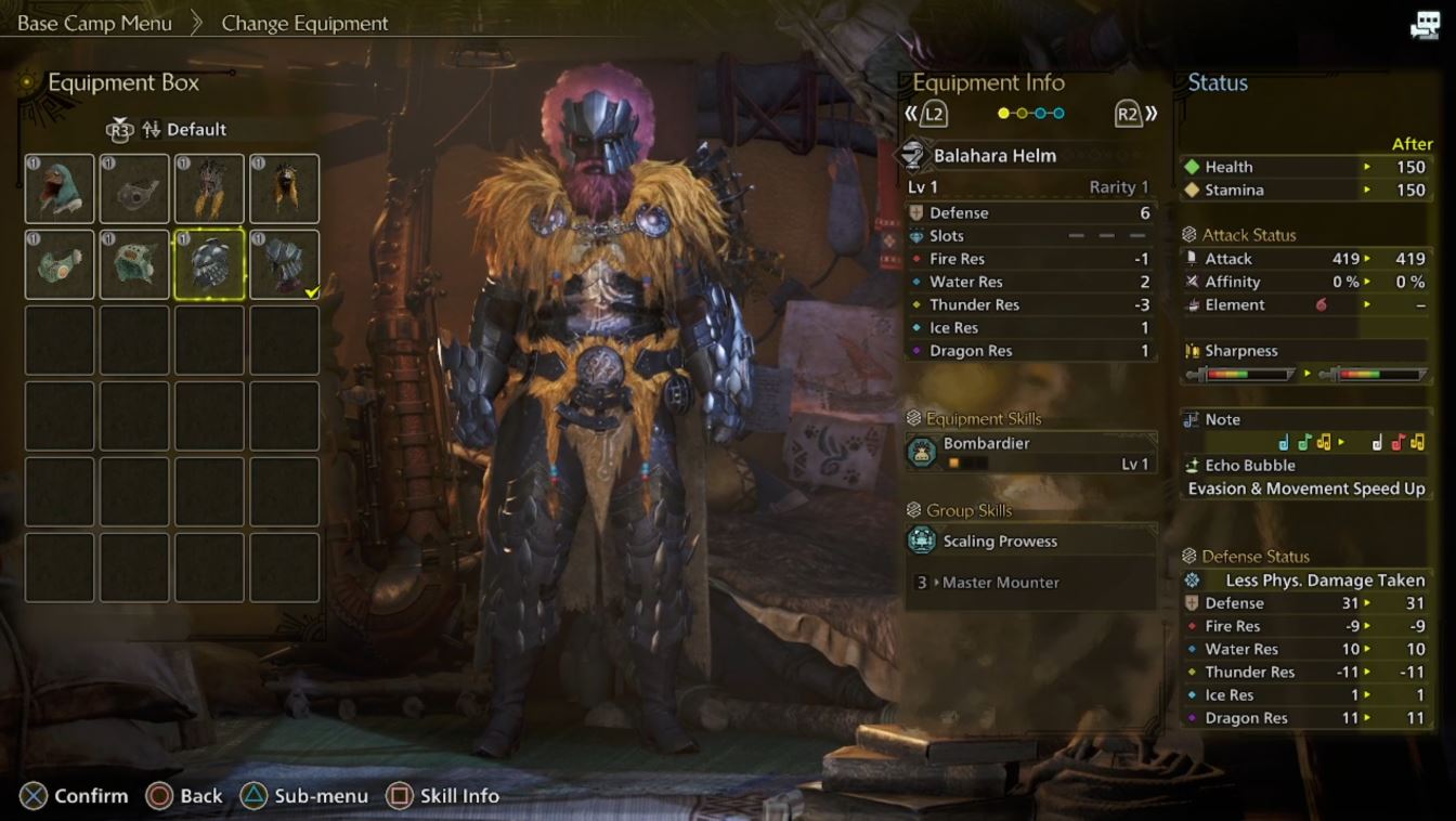 Equipment selection in Monster Hunter Wilds character creation interface