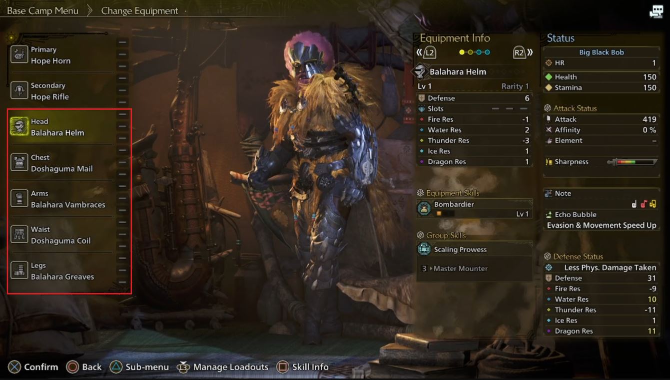 Equipment selection in Monster Hunter Wilds character creation interface