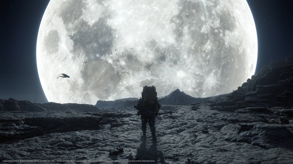 Death Stranding 2: On the Beach gameplay. Astronaut in front of the moon.