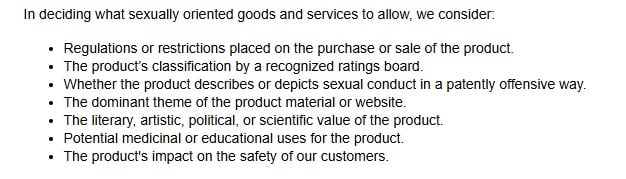 PayPal's criteria for determining "sexually oriented goods and services."