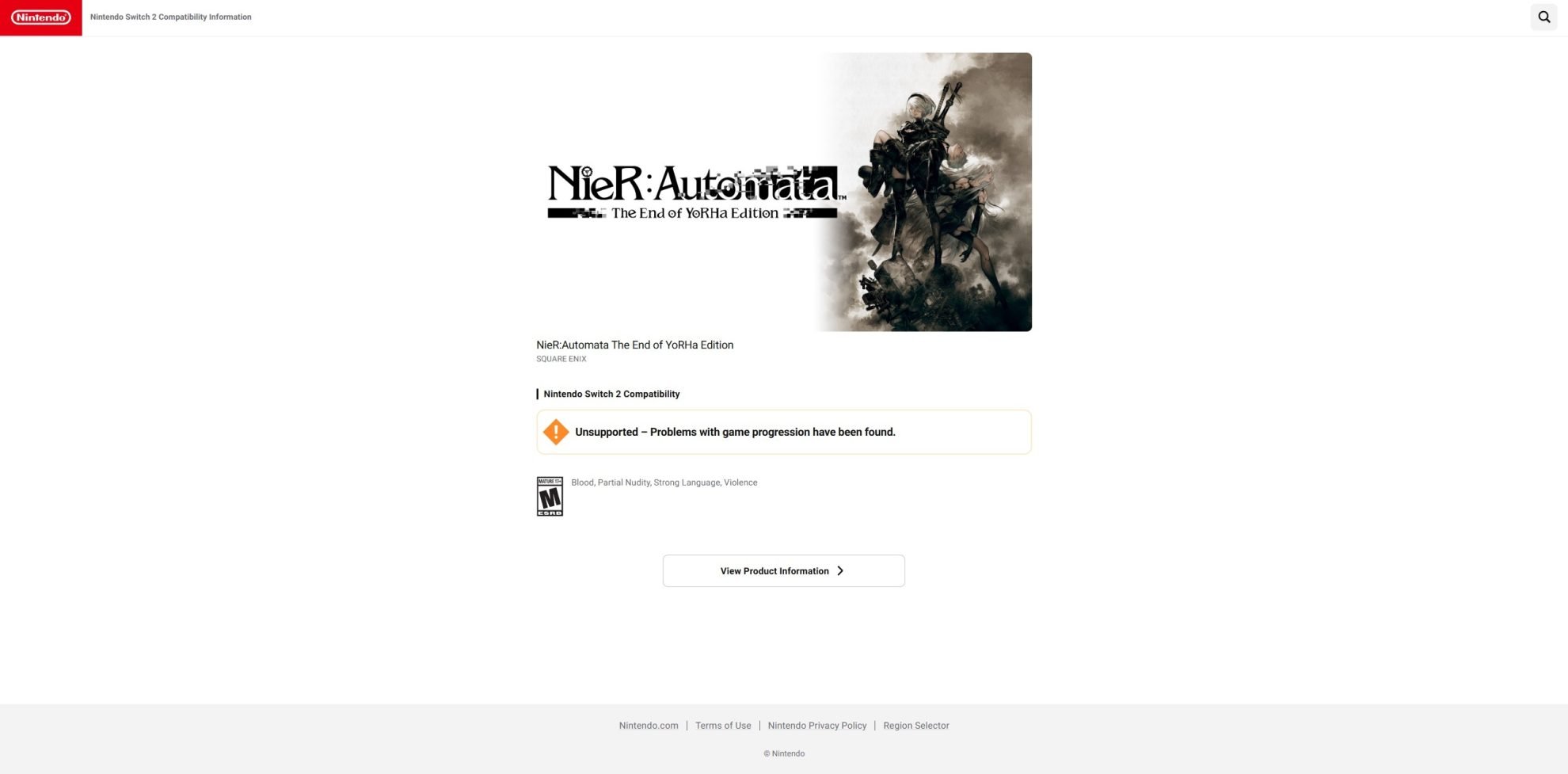 Switch 2 Compatibility page for NieR:Automata.