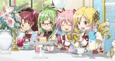 Madoka Magical girls taking photos of cakes with their smartphones