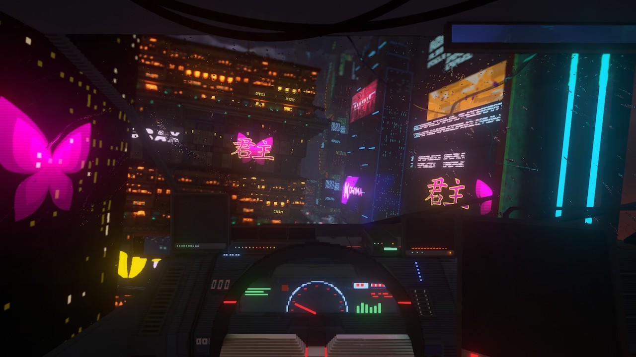 Pc版のサイバーパンク配信ゲーム Cloudpunk で車を運転する際に実装される一人称ビューモード 運転席からネオンカラーの大都市を眺める オートマトン